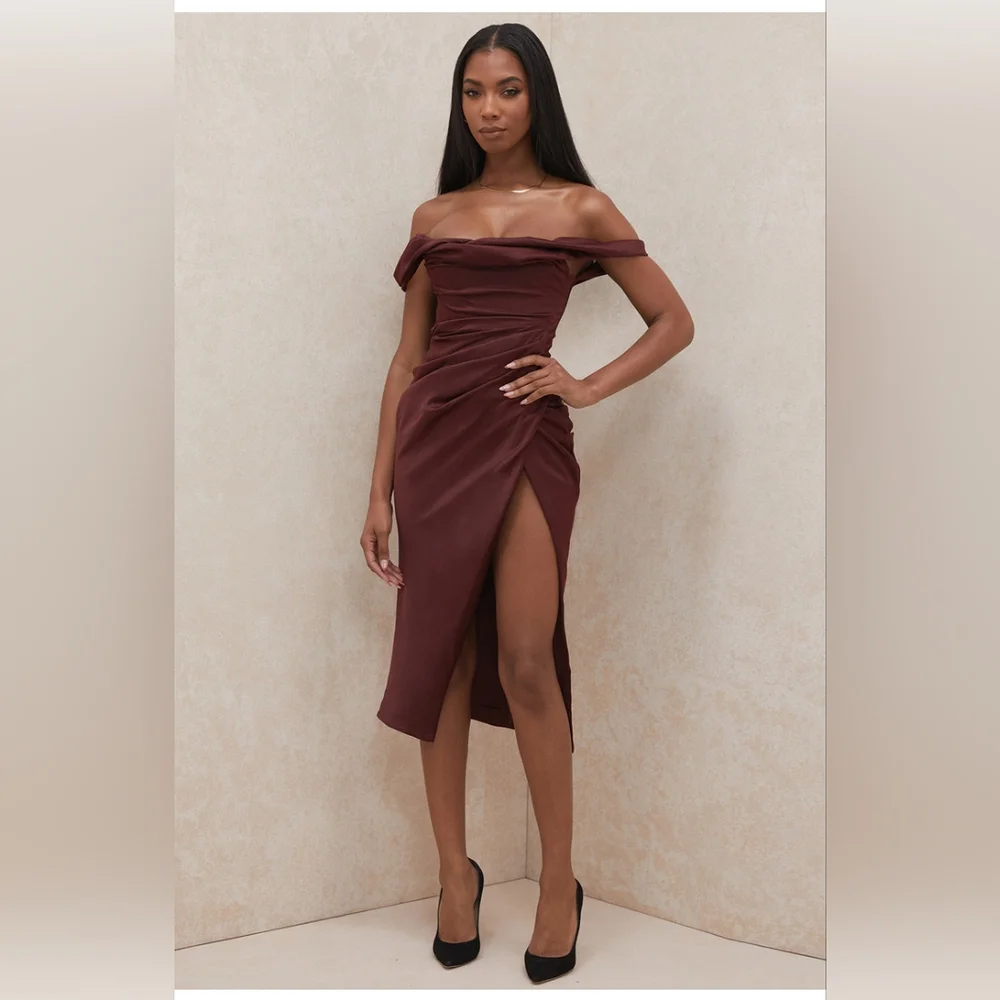 house of cb brown dress corset Clothing : Mini Dresses : 'Jasmine' Chocolate Draped Strapless Corset Dress